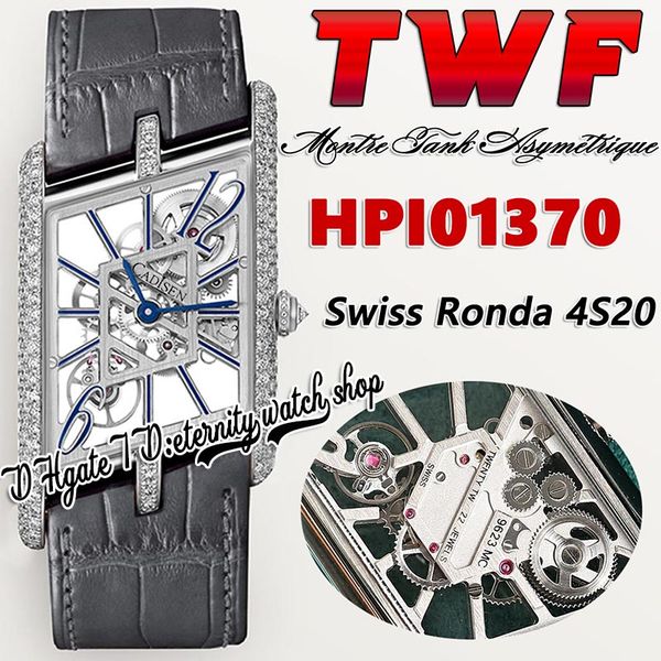 

twf tw01370 swiss ronda 4s20 quartz mens watch montre asymetrique diamonds case skeleton dial stick markers gray leather strap super edition, Slivery;brown