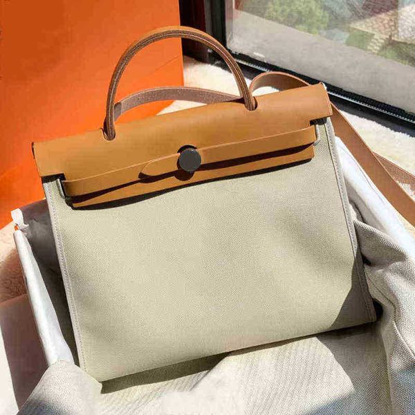 

designer herme herbag imported first layer cowhide canvas splicing 31 portable women's bag single shoulder diagonal span high-capacity