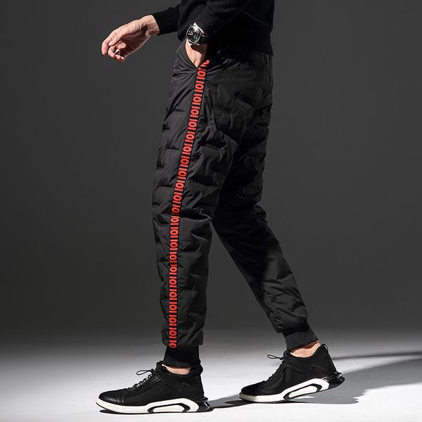 

men's pants winter outdoor men's down pants plus size printed windproof thickening warm trousers white duck down straight trousers, Black