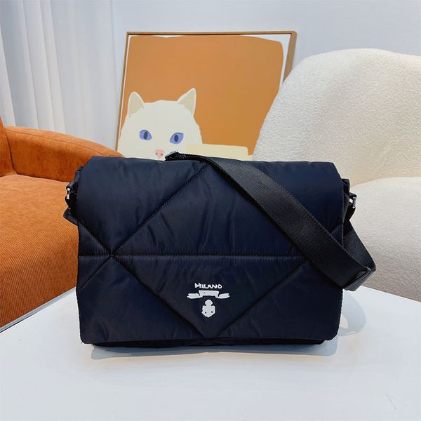 

messenger bag black cotton fabric flap shoulder bags plain crossbody handbag white lettering internal zipper triangle decoration women clutc