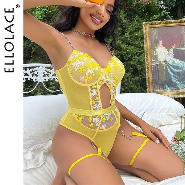 

pyjamas ellolace lace bodysuit lingerie floral embroidery fitness body hollow sissy open crotch tights lace with chain teddy bear 221010, Red;black