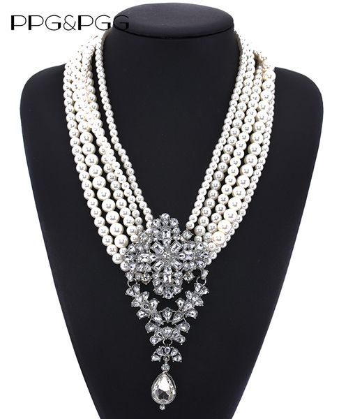 

pendant necklaces fashion multilayer imitation pearl chains necklace women luxury charm crystal pendants indian maxi statement neckalce jewe, Silver