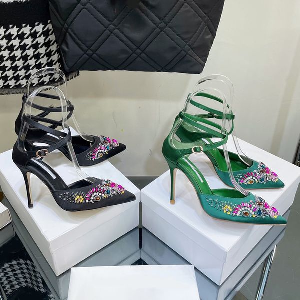 

stiletto heel dress shoes hand sewn color rhinestone womens sandal designer 9cm high heeled rome sandals fashion satin slingbacks pointed to, Black