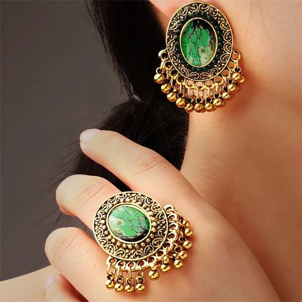 

european and american vintage pendant dangle chandelier personalized earring ring set bohemian national style exaggerated earrings women&#03, Silver