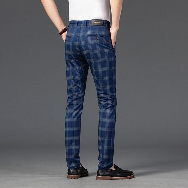 

men's pants men's plaid casual pants fashion sanding slim fit elastic trousers male brand clothing pleated pants men 221010, Black