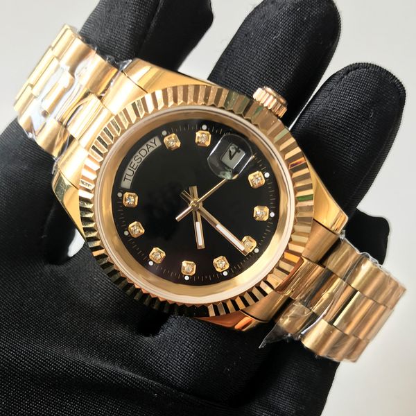 

luxury day watches aaa gold case 40mm size black dial automatic date mechanical men watches quality stainless steel wristwatches, Slivery;brown