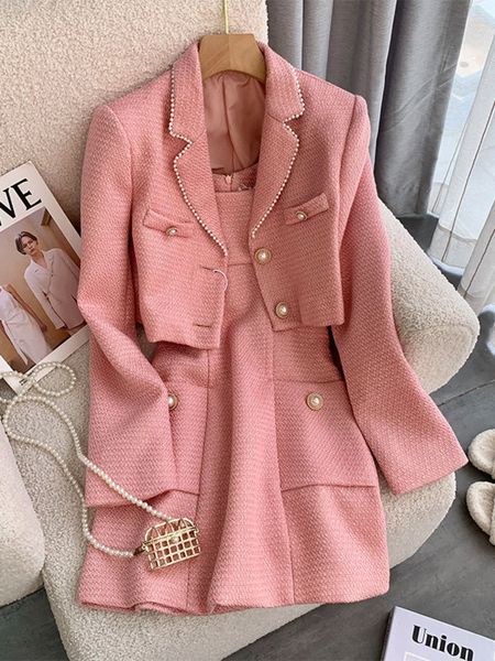 

two piece dress autumn french women temperament blazer jackets coat sling tank mini set pearls buttons tweed outfits female 221010, White