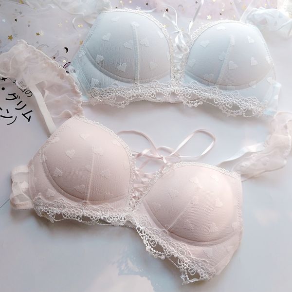 

bras sets sweet lolita girl underwear japanese lace embroidered bandage push up and panty wiree mesh pink 221010, Red;black