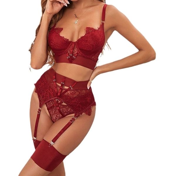 

pyjamas lingerie femme coquine womens underwear set costume erotic lace underwire garter 221010, Red;black