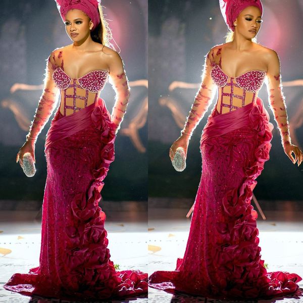 

2022 arabic aso ebi lace beaded prom dresses mermaid sheer neck evening formal party second reception birthday engagement gowns dress zj217, Black