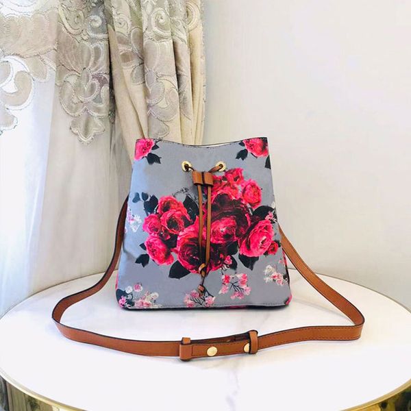 

color floral bucket bag drawstring crossbody bag shoulder handbag women purse coated canvas leather removable strap fashion letter large cap