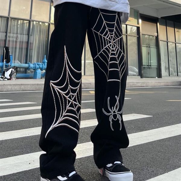 

men's pants men's jeans highend korean version loose straight wide leg spider pants printing high street long pants men streetwear, Black