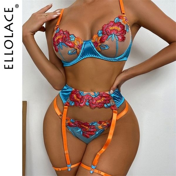 

set ellolace floral erotic lingerie set woman 3 pieces transparent lace blue underwear fancy beautiful thongs breves sets 221010, Red;black