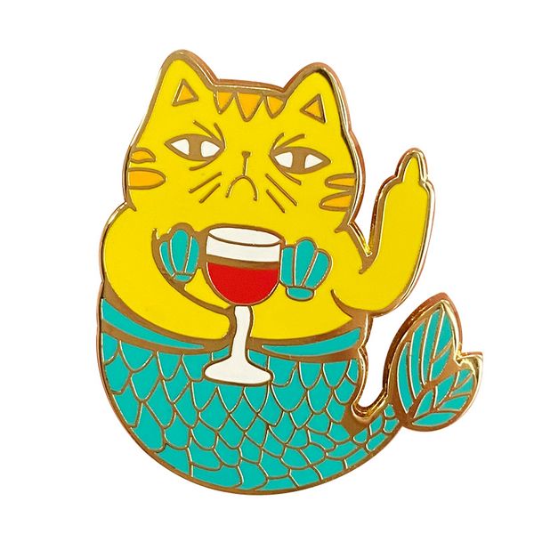 

drinking wine cat mermaid pin mythical creature gold purrmaid cat kawaii kitty brooch, Blue