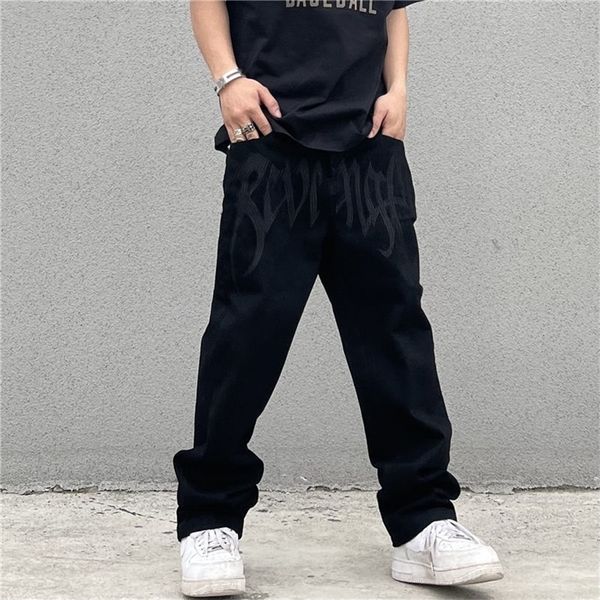 

mens jeans retro black embroidered letter men european and american high street brand loose straight hiphop trousers 221008, Blue