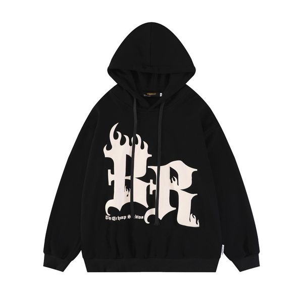 

hoodie sweatshirt streetwear mens flame letter print pullover hooded 2022 harajuku fashion casual cotton loose hoodies, Black