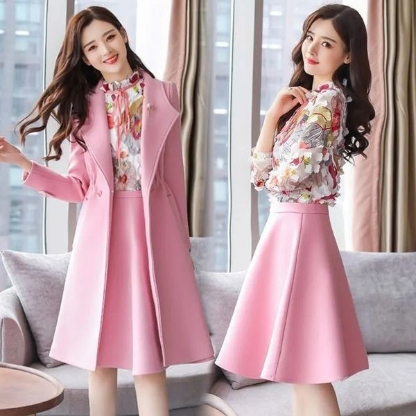 

two piece dress autumn winter small fragrance wind woolen skirt 3pcs set fashion two piece windbreaker dress suit 221010, White
