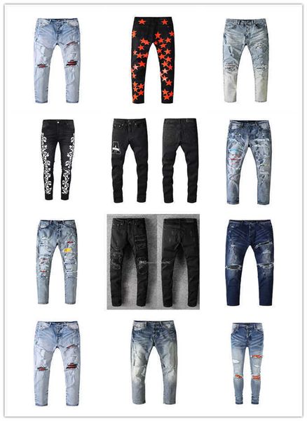 

mens jeans hip hop style luxury designer denim pant distressed ripped biker jean slim fit feet store shop boys cute ripped plus high street, Blue
