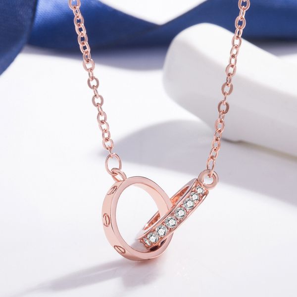 

fashion necklace designer jewelry party double rings copper diamond pendant rose gold necklaces for women fancy dress long luxury chain jewe, Silver