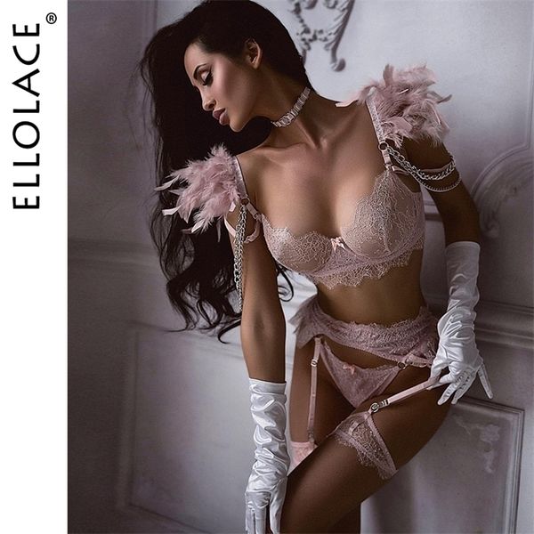 

set ellolace feather lingerie fancy chic underwear bra wirh mental chain custome uncensord ruffle garters 4piece lace intimate 221010, Red;black