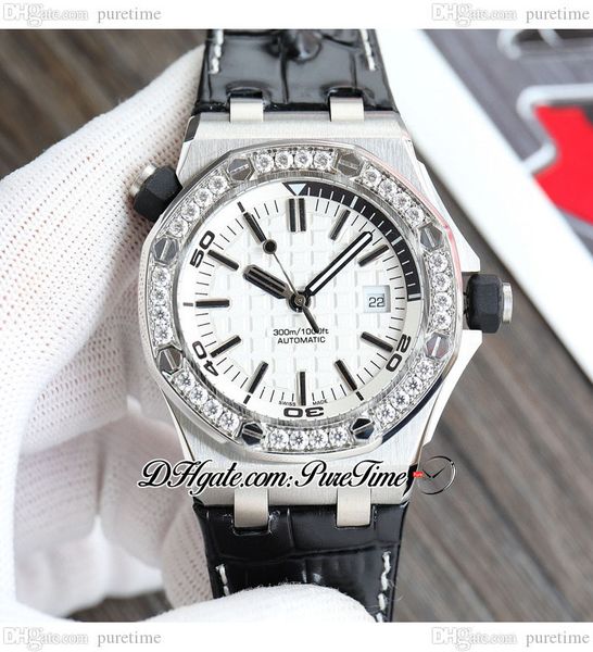 

custom moissanite diamond bezel a3120 automatic mens watch 42mm 1571 white textured dial leather strap with white line super edition watches, Slivery;brown