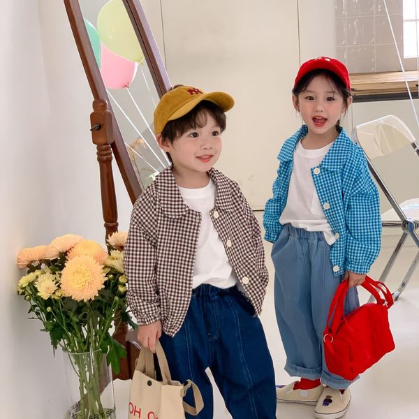 

jackets 2812b children clothes plaid autumn boy s casual jacket coat bear embroidery girl s shirt outfits 221010, Blue;gray