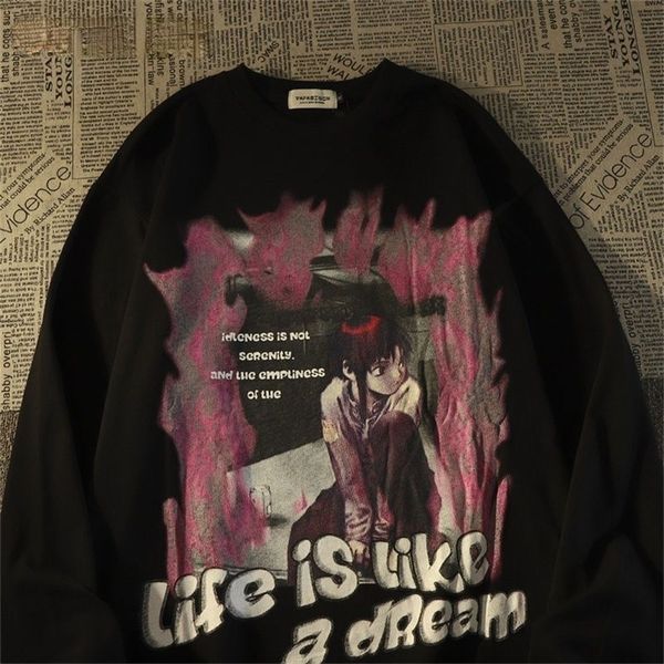 

womens hoodies sweatshirts japanese retro two dimensional sweater men and women with the same style ins autumn and winter all match loose ha, Black