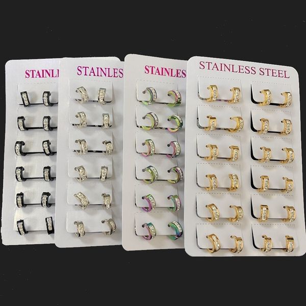 

hoop huggie 12 pairs/lot punk crystal small stainless steel earrings for women men's jewelry wholesale 221010, Golden;silver