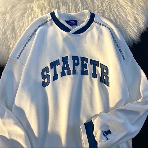 

womens hoodies sweatshirts european and american trend letter embroidery sweater men and women autumn couple baseball uniform round neck lon, Black