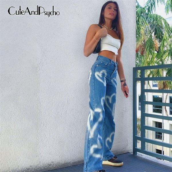 

women's jeans vintage heart printed baggy women high waist harajuku aesthetic mom denim streetwear 90s trousers cuteandpsycho 221010, Blue