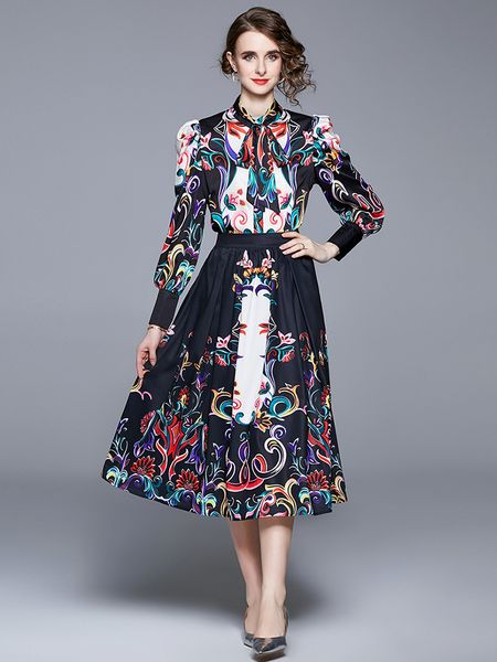 

two piece dress autumn runway fashion pieces set women's bow neck long sleeve vintage print blouse shirt and a line pleated skirt suit, White