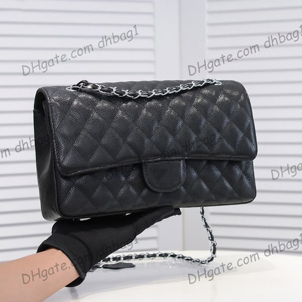 

french womens jumbo caviar leather quilted bags calfskin classic double flap silver metal hardware matelasse chain crossbody shoulder design