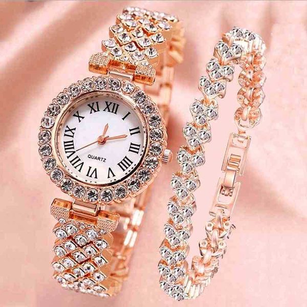 

cw luxury clock wrist watch for elegant ladi iced out quartz female watch smaller size bling watch bangle set, Slivery;brown
