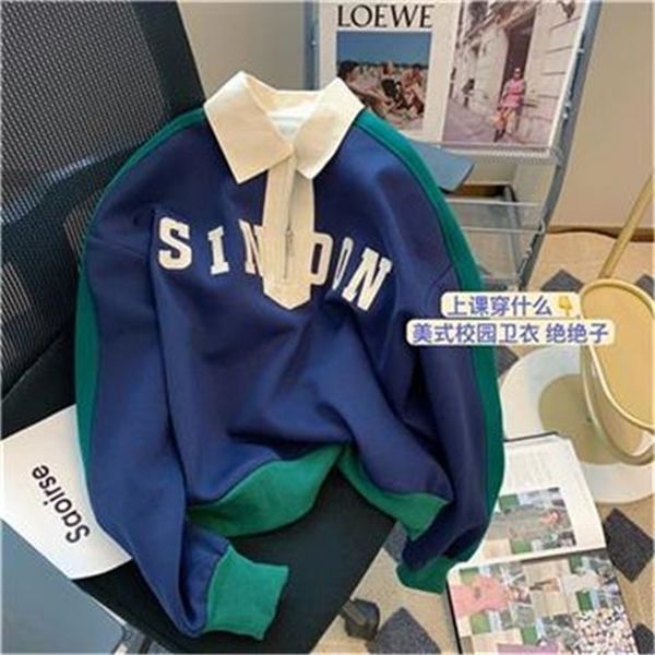 

womens hoodies sweatshirts retro college style polo collar contrast color sweater womens spring and autumn design trend of niche 221010, Black