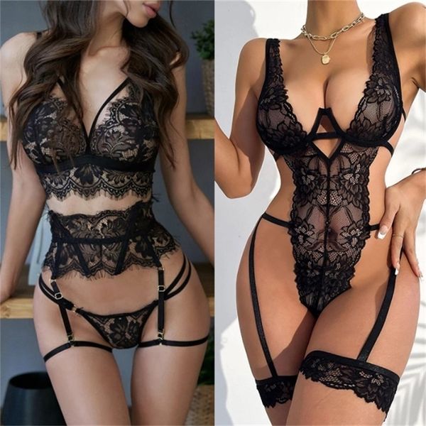 

set lingerie for women lace bra and panty sets with garter female erotic bodysuit deep v neck teddy underwear set 221010, Red;black