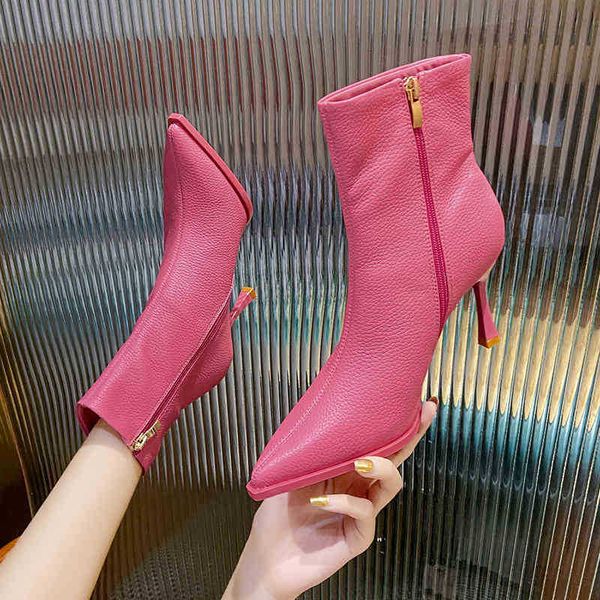 

boots leather for women rose red lychee pattern elastic thin short boots women's heels autumn and winter 2022 new temperament pointed h, Black