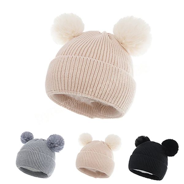 

autumn and winter plush warm children's hats solid color knitting wool infant caps baby girls headwear hair accessories, Yellow