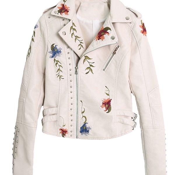 

women's leather faux ftlzz women floral print embroidery soft jacket coat turn-down collar casual pu motorcycle black punk outerwear 22