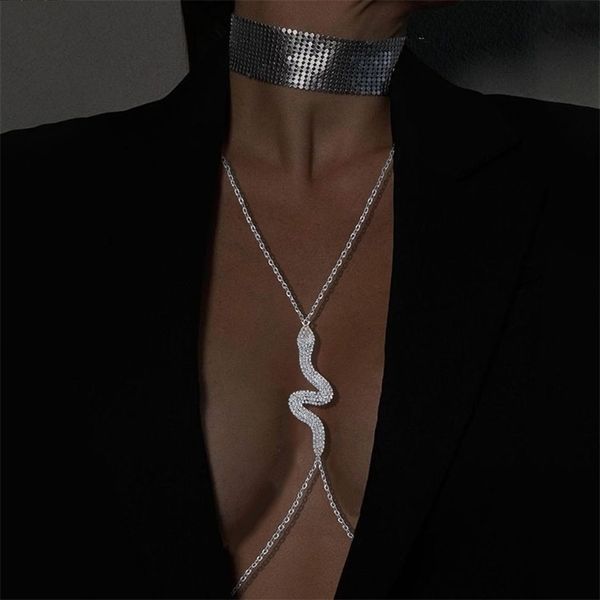 

other snake chest chain necklace harness jewelry for women metal body chain bikini crystal clothing accessories decor 221008, Slivery;golden