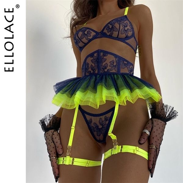 

set ellolace ruffle neon lingerie lace super fine porn underwear uncensored fancy delicate intimate luxury garter 5piece outfit 221010, Red;black