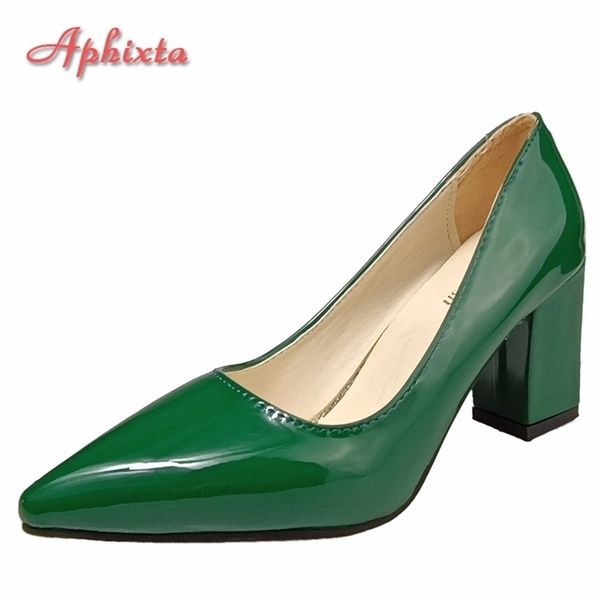 

dress shoes aphixta 2.75inch square heel patent leather women pumps dark green thick heels work pointed toe plus size 50 221010, Black