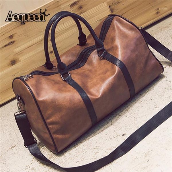 

duffel bags aequeen 2021 traveling tote pu leather duffle handbag men women large capacity luggage bag big retro shoulder female1219m