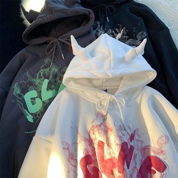 

womens hoodies sweatshirts american retro street devil corner hooded sweater men and women spring and autumn loose thin section ins trend hi, Black