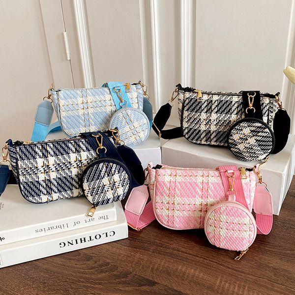 

evening bags female vintage plaid printing shoulder with mini round purse pendant women casual small crossbody 2pcs composite 221010