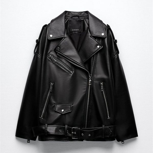 

women's leather faux bm md za women autumn fashion locomotive pu imitation loose jacket coat vintage female outerwear 221010, Black