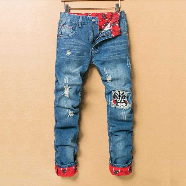 

men's jeans printed jeans men casual ripped for retro slim straight printing beggar hole long denim pants 221008, Blue