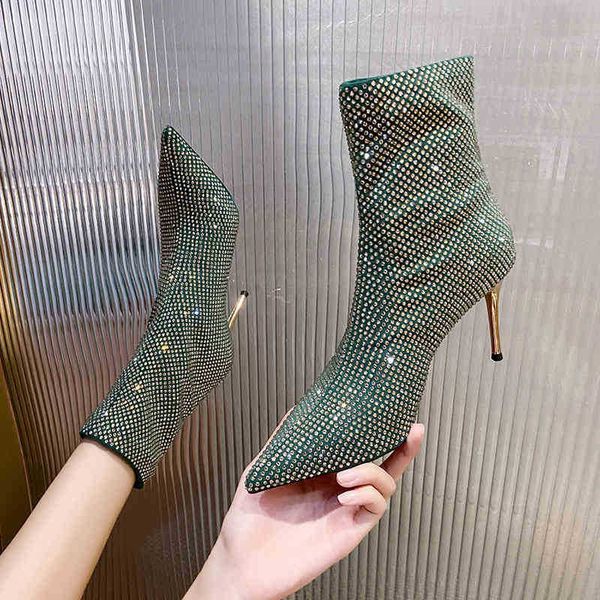 

woman shoes ankle boots for women pointy full drill thin heel elastic boots new high-heeled short french small, Black