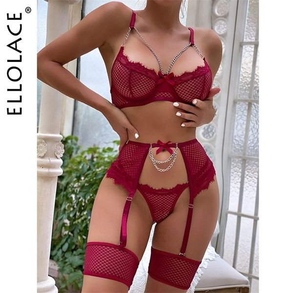 

set ellolace glitter lingerie 3pieces luxury underwear transparent bra and thongs garter belt with stockings fancy outfit 221010, Red;black