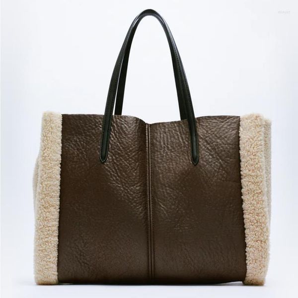 

evening bags retro stitching ladies pu handbag winter plush large capacity tote bag casual shopping