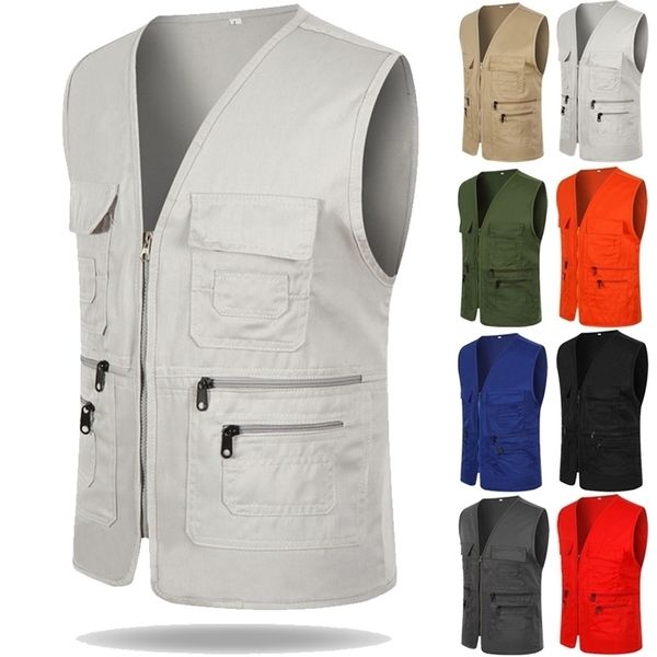 

men's vests men's multi-pocket vest casual fishing vest men's solid color overalls sleeveless zipper director vest 221010, Black;white